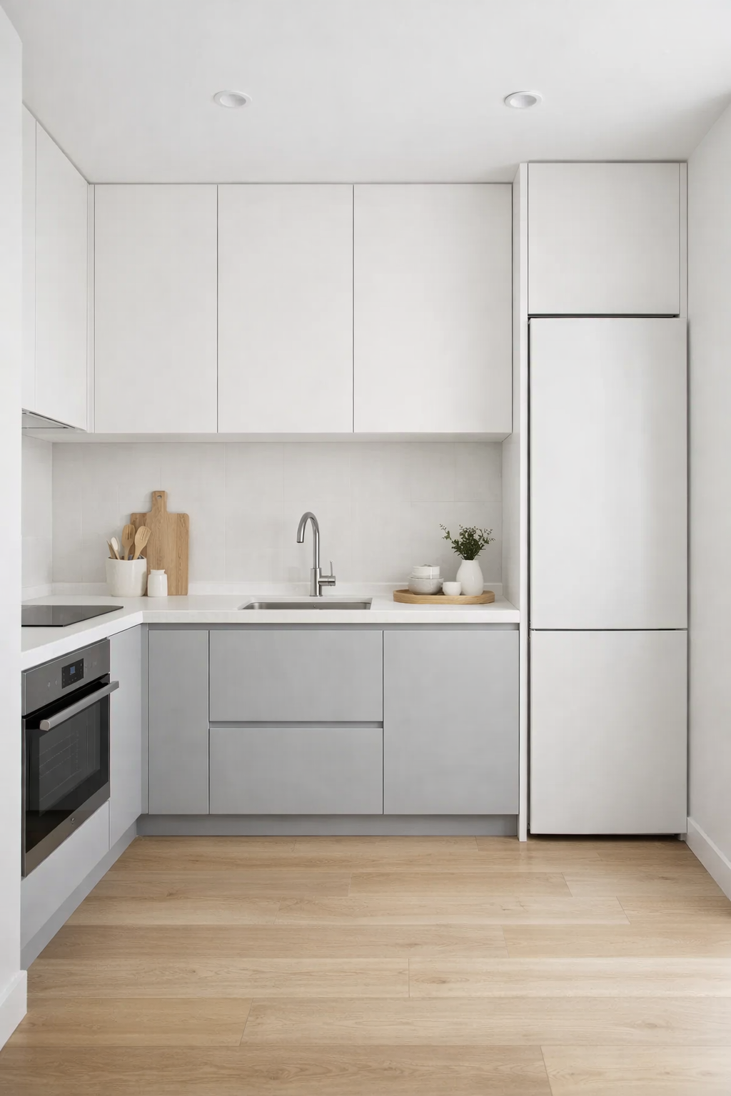 Small kitchen with bright walls and simple color palette