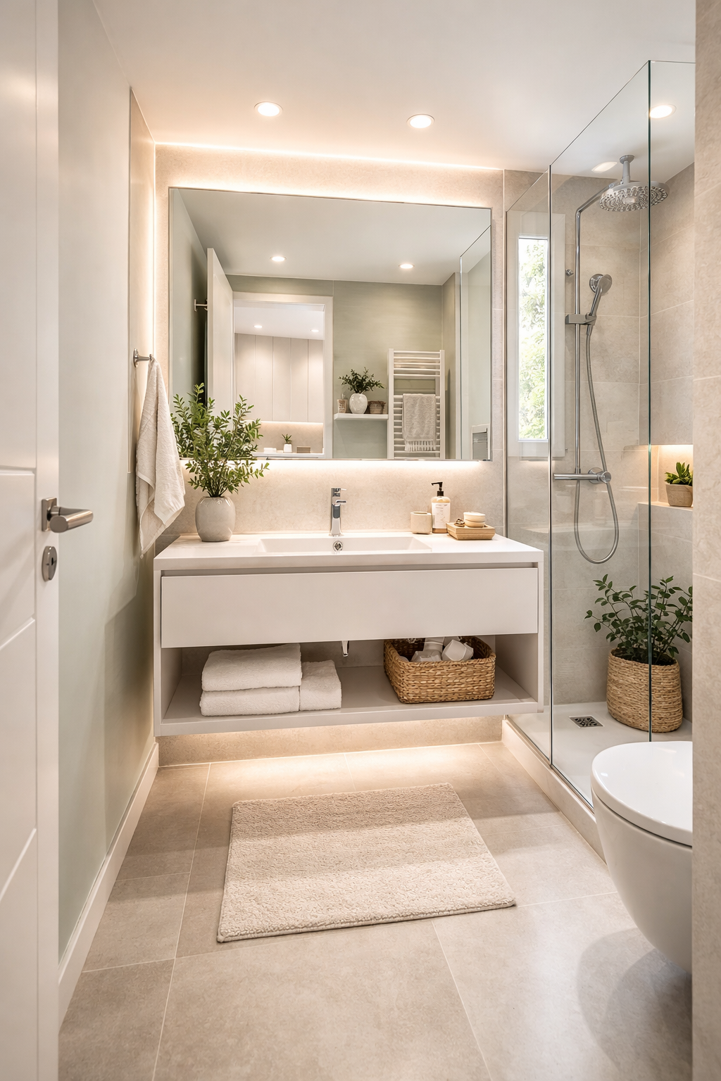 Small bathroom in light beige and water green tones