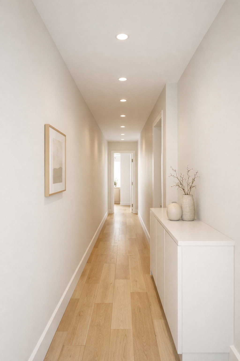 Narrow hallway painted in soft light tones