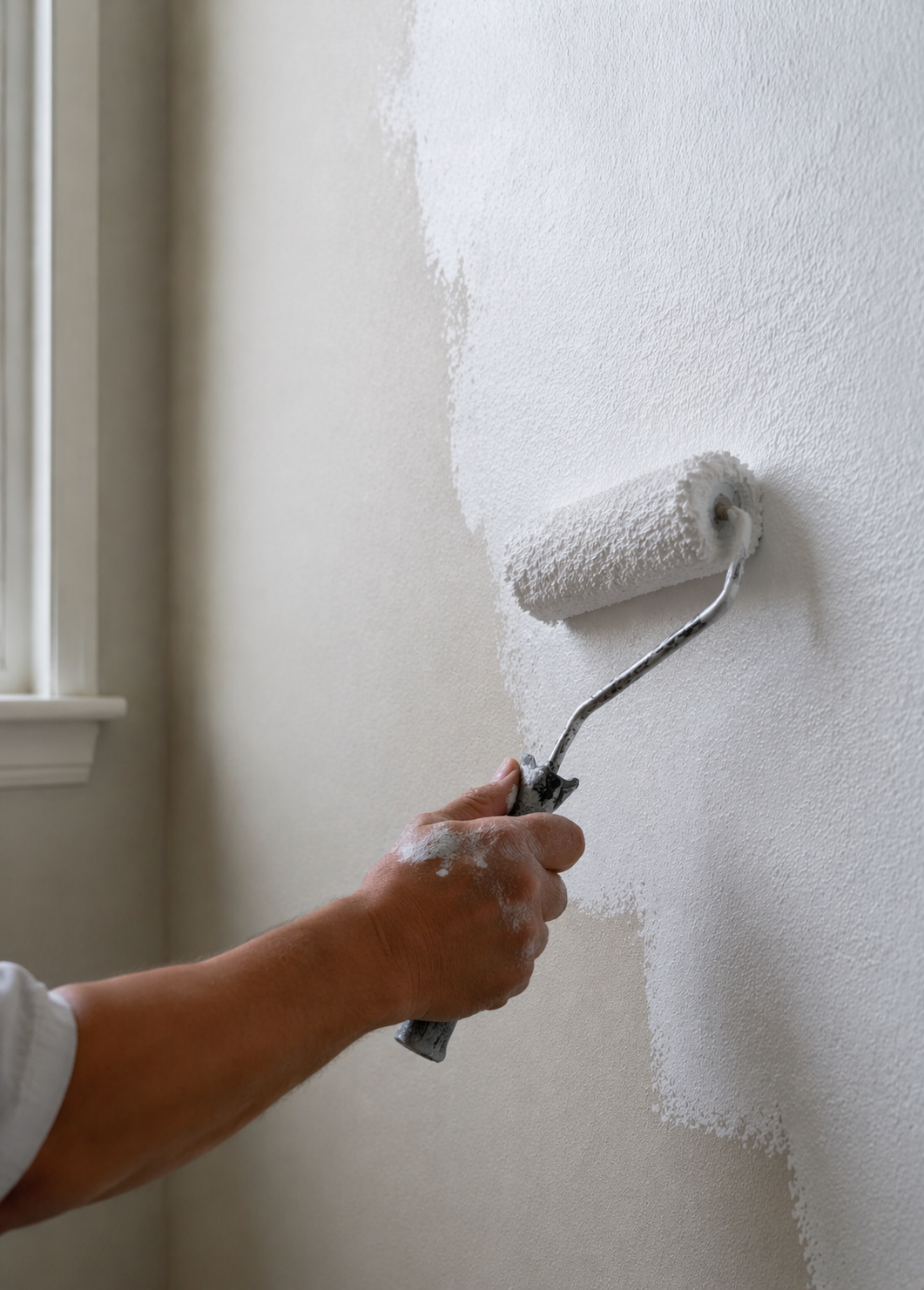 Applying primer on painted wall