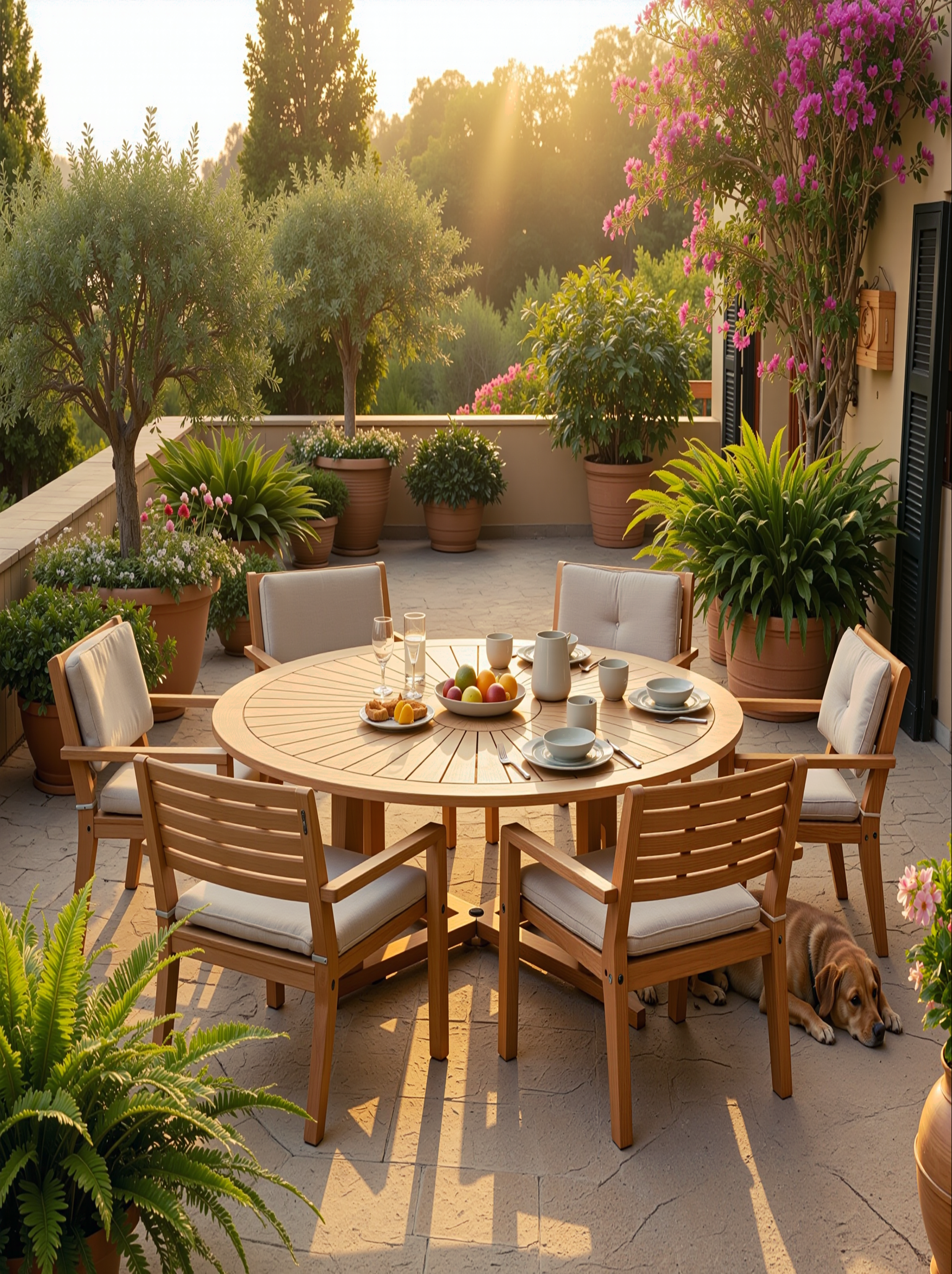 Muebles de jardín de madera en buen estado en una terraza