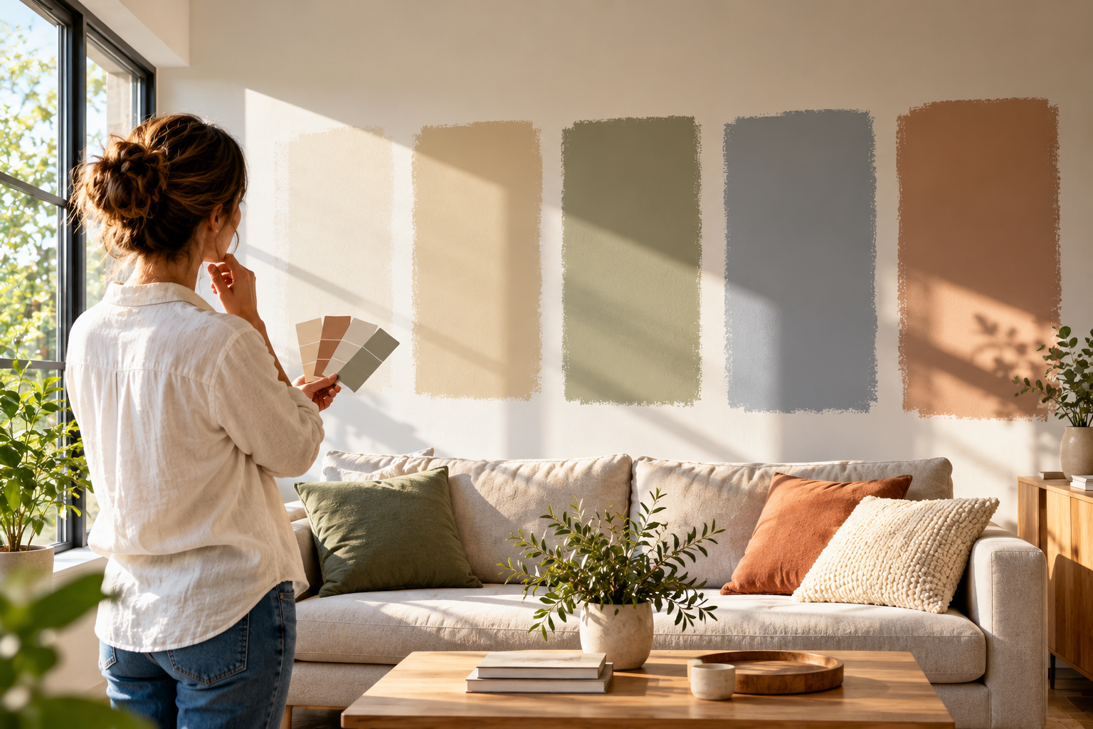 Pared interior con diferentes tonos de pintura iluminada por luz natural de una ventana