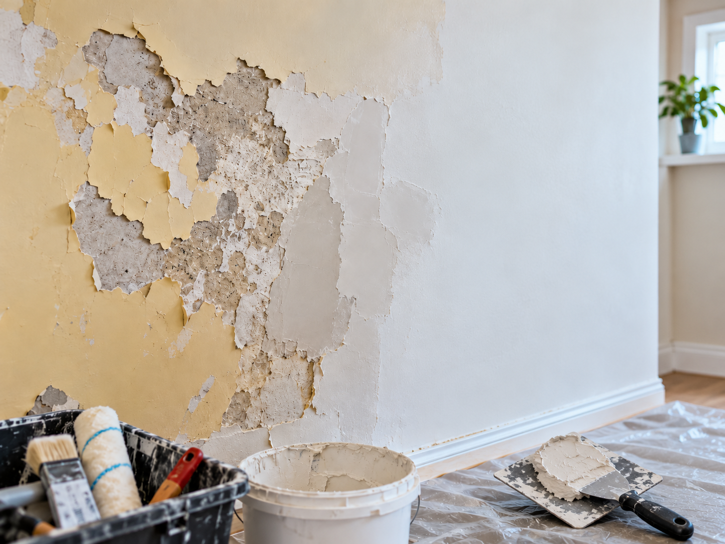Reparación de una pared con pintura descascarillada